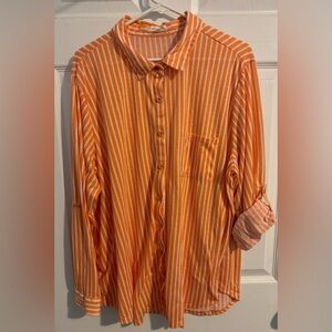 Women’s Orange Peach White Coastal Vertical Striped Lightweight Button Shirt 3X